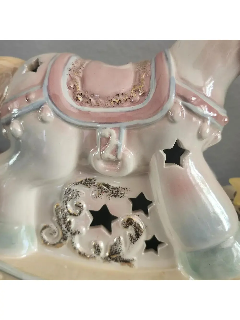 Vintage Porcelain Rocking Horse Nursery Lamp Pastel Stars Glitter 2001